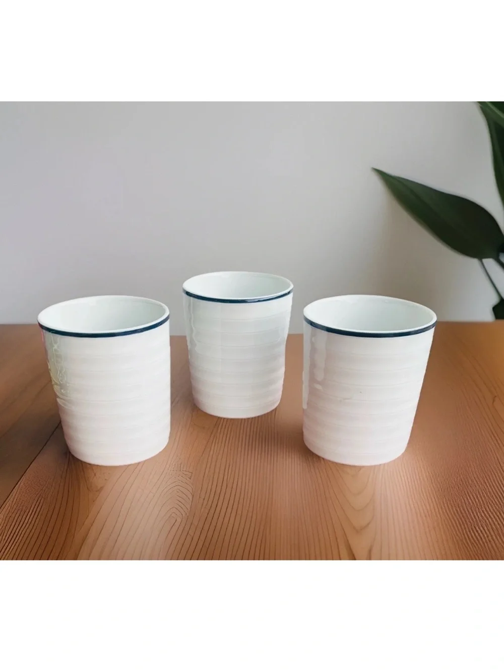 Crate & Barrel Roulette Blue Band Ribbed Mugs~Spal Porcelain~White SET OF 3